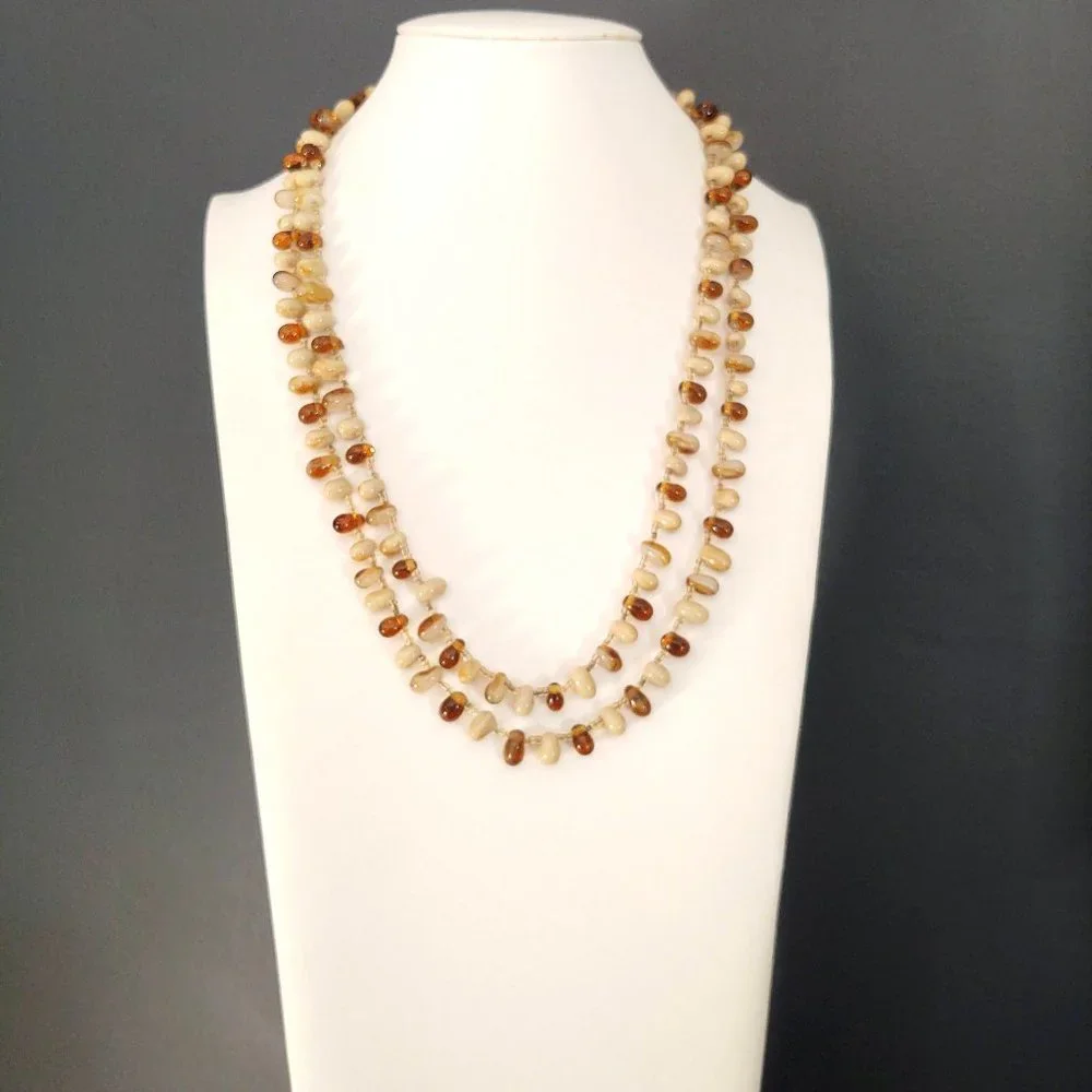 Honey, amber, beige, cream and cognac glass beaded necklace w/seed bead …
